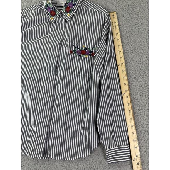 Highgate Ltd Womens Blouse Size 8 Gray White Stripe Floral Embroidered - Picture 10 of 13